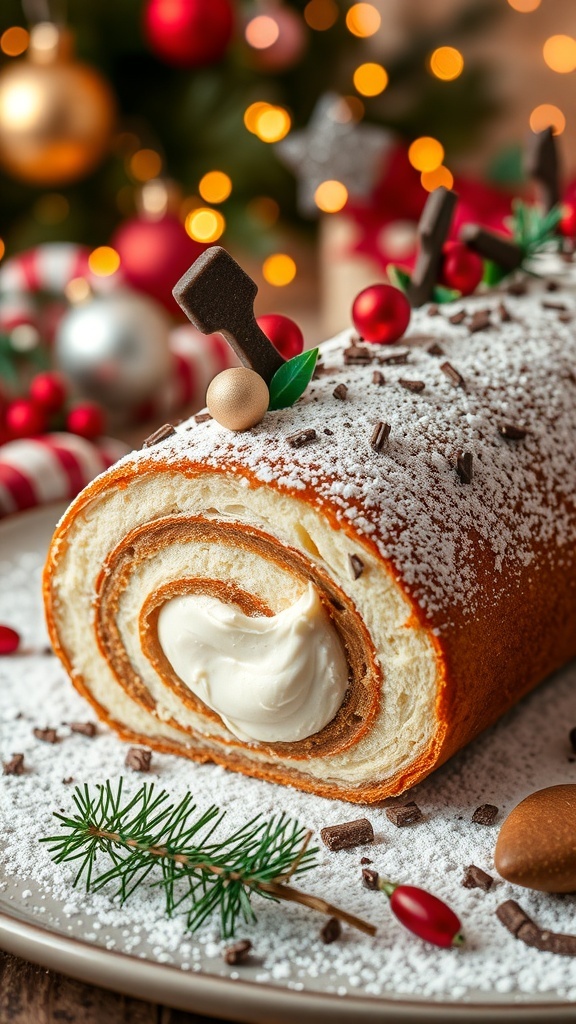 Festive Christmas Roll Cake Recipe A festive Christmas roll cake filled with cream, dusted with powdered sugar, garnished with chocolate shavings, on a holiday-themed table.